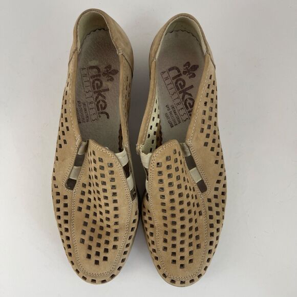 Rieker Antistress Womens 5.5 Slip On Loafers Shoes Suede Beige Laser Cut Out - Picture 5 of 5